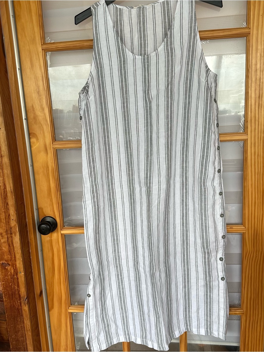 Garnet Hill White and Gray Striped Linen Sleeveless Midi Dress